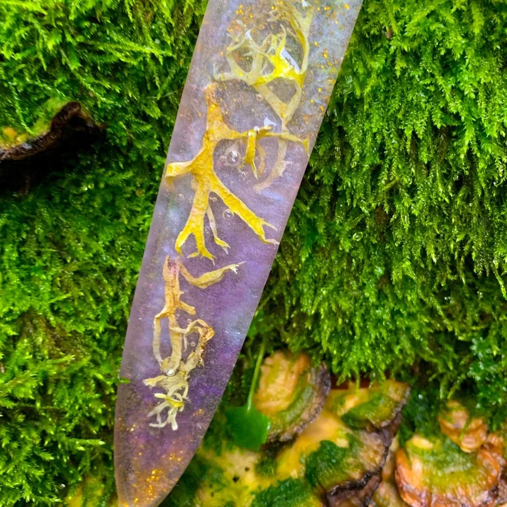 Pink clover and lichen resin dagger wall hanging